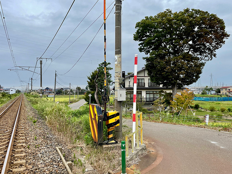 妙高はねうまラインの踏切を渡る写真